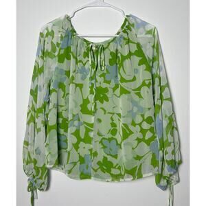 Floral Chiffon Sheer Tie Sleeve Tunic Blouse Green and White Long Sleeve Women